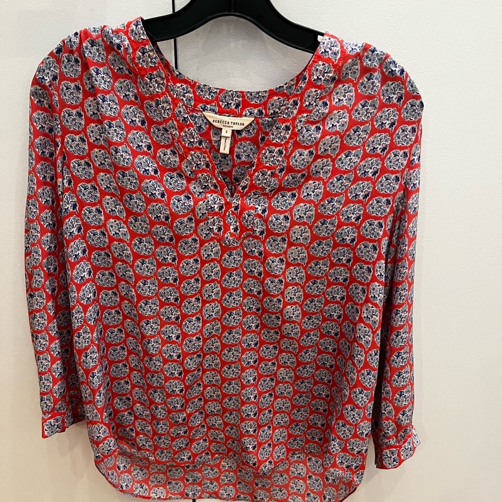 Rebecca Taylor Salmon and Blue Floral Silk Blouse